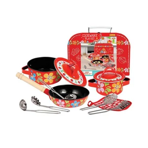 Fém edénykészlet, 11db-os (piros edények, virágmintával)