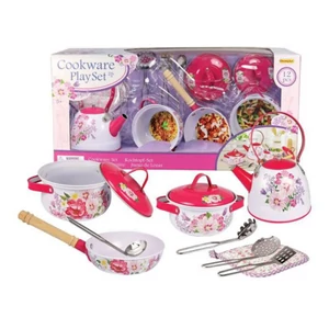 Fém edénykészlet, 12db-os (fehér edény, pink tetővel, virágmintával)