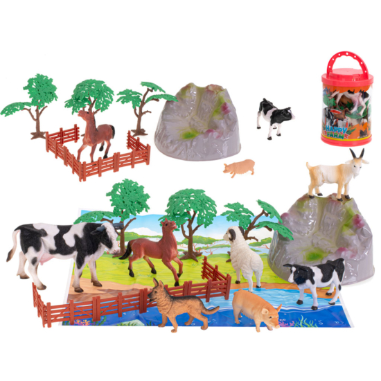 Műanyag farm állatok kiegészítőkkel hengerben - ajándék szőnyeggel