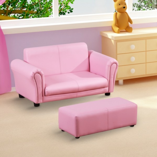 Mini kanapé, gyermek kanapé kislányoknak, lábtartóval, rózsaszín színben