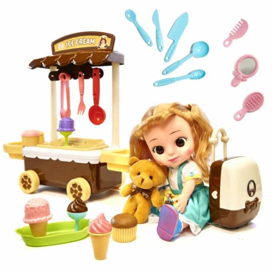 Játék cukrászda, fagylaltozó kellékekkel, babával és ajándék mackóval