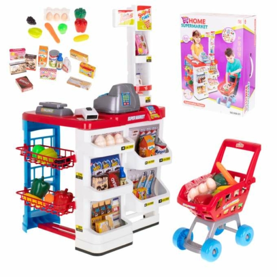 Szupermarket játék-boltos játék készlet sok termékkel, kocsival