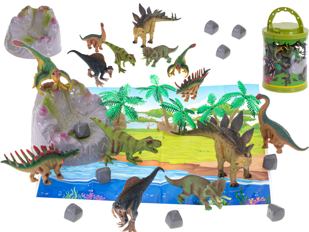 Műanyag dinoszauroszok kiegészítőkkel hengerben - ajándék szőnyeggel