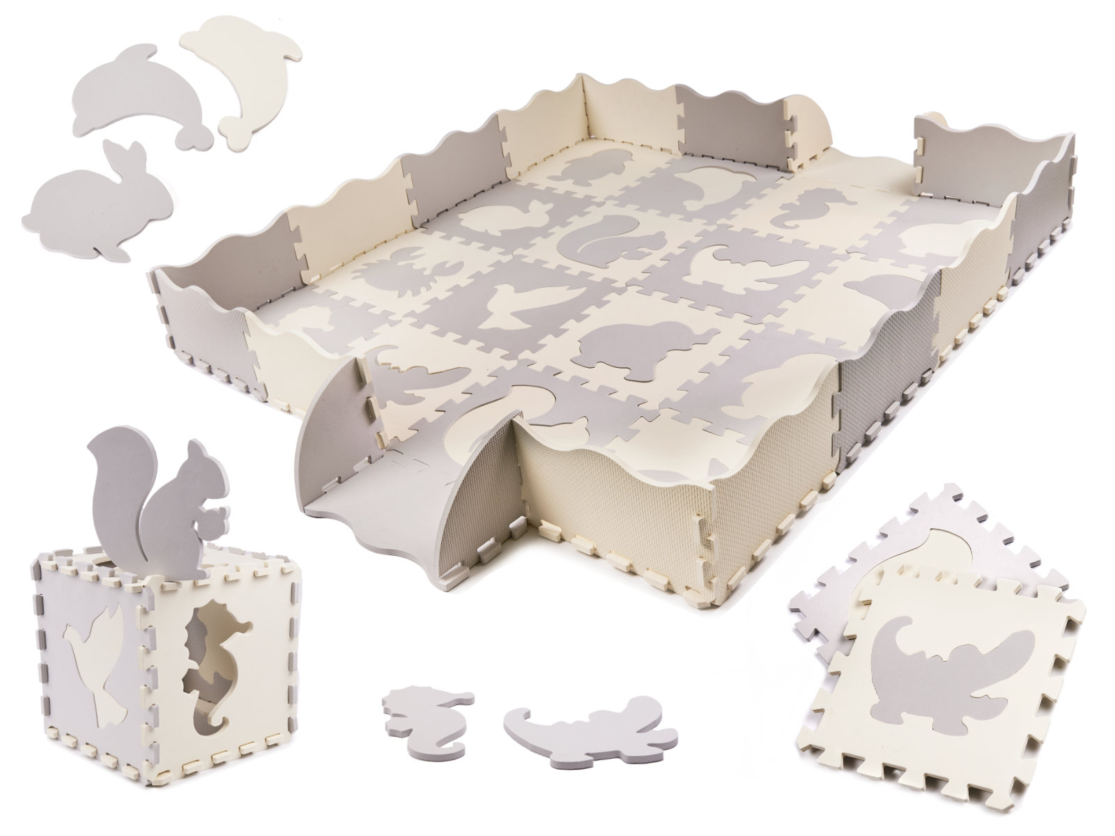 Habszivacs szőnyeg 36 darabos 3D-s alakzattá is formálható puzzle szőnyeg -Szürke-ekrü színben